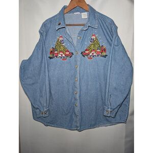 Vtg Bobbie B. Denim‎ Teddy Bear Christmas Button Up Shirt Women's Size 22W/ 24W
